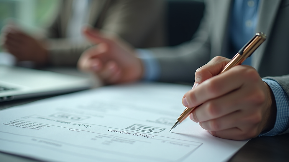 Close-up view of a small business owner reviewing documents with ISO certification