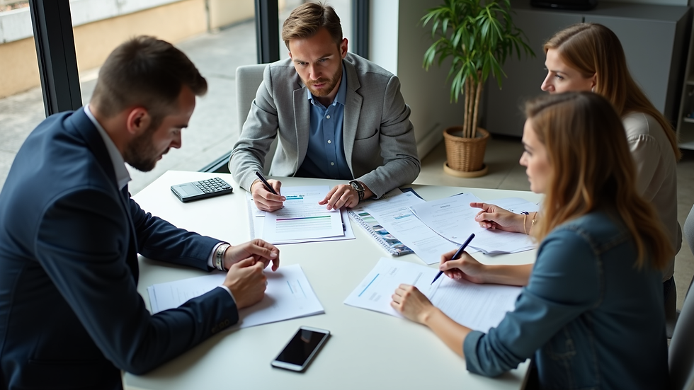High angle view of a small business team collaborating on ISO compliance documentation