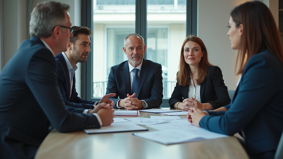 Eye-level view of a consultant explaining ISO standards to a small business team