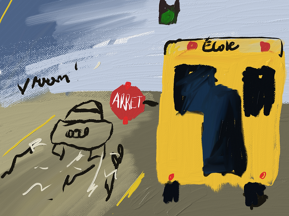 Drawing of a car zooming past a bus