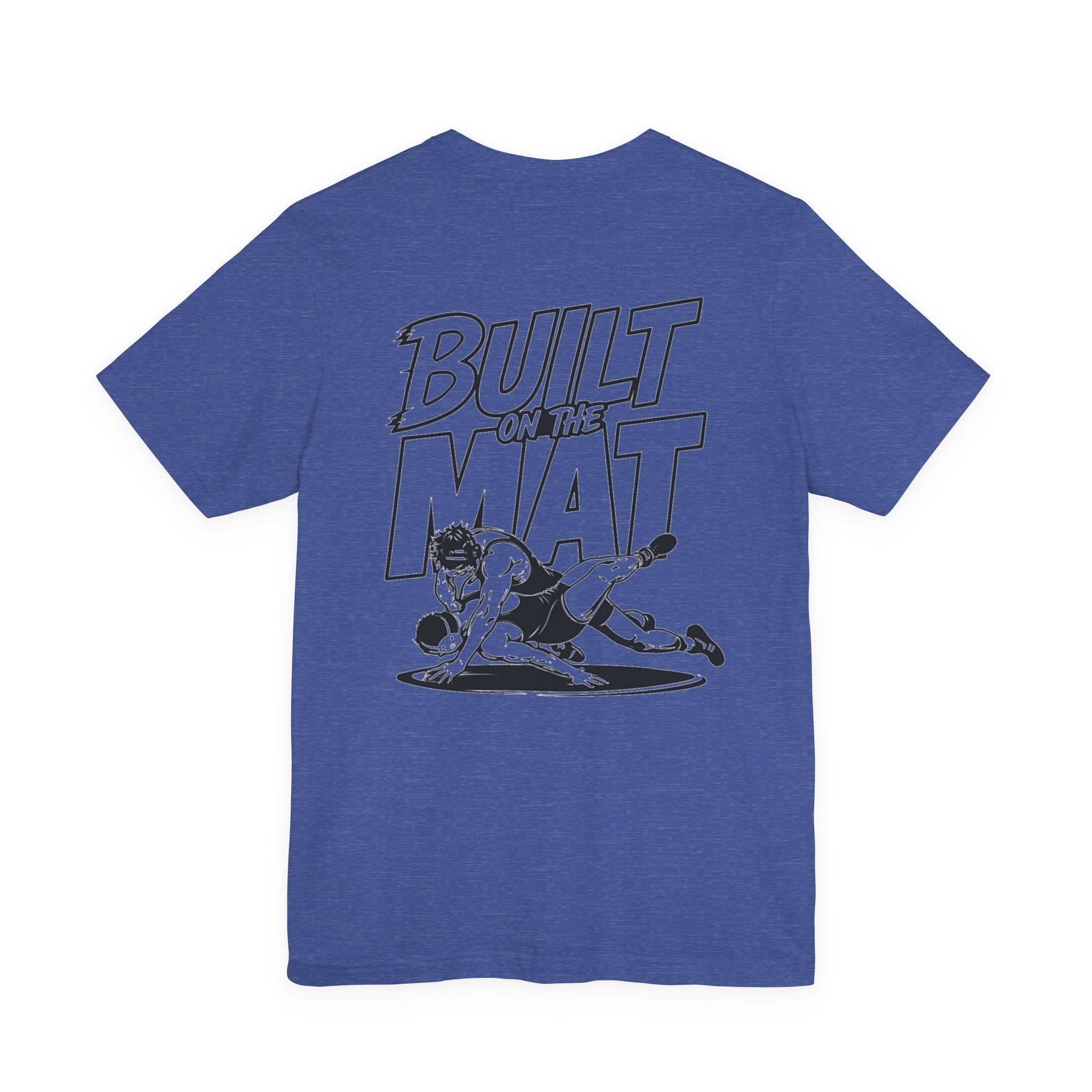 Heather royal blue Built on the Mat Wrestling t-shirt by Mat Mindset Apparel featuring a bold wrestling graphic.