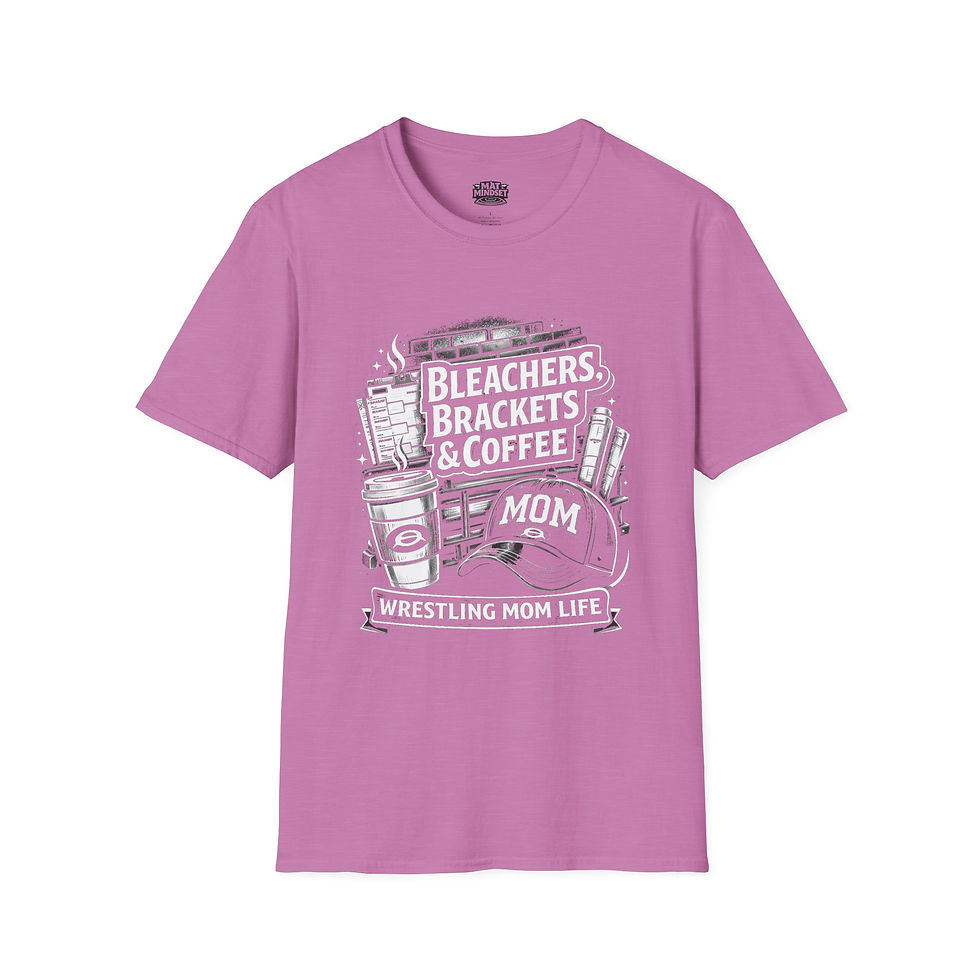 Thumbnail: Pink Wrestling Mom Life graphic t-shirt by Mat Mindset Apparel featuring vintage wrestling mom artwork.