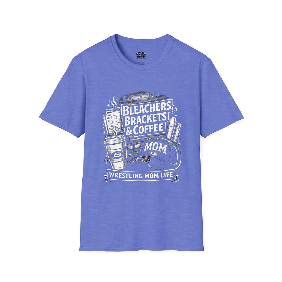 Thumbnail: Blue Wrestling Mom Life graphic t-shirt by Mat Mindset Apparel with vintage wrestling mom design.