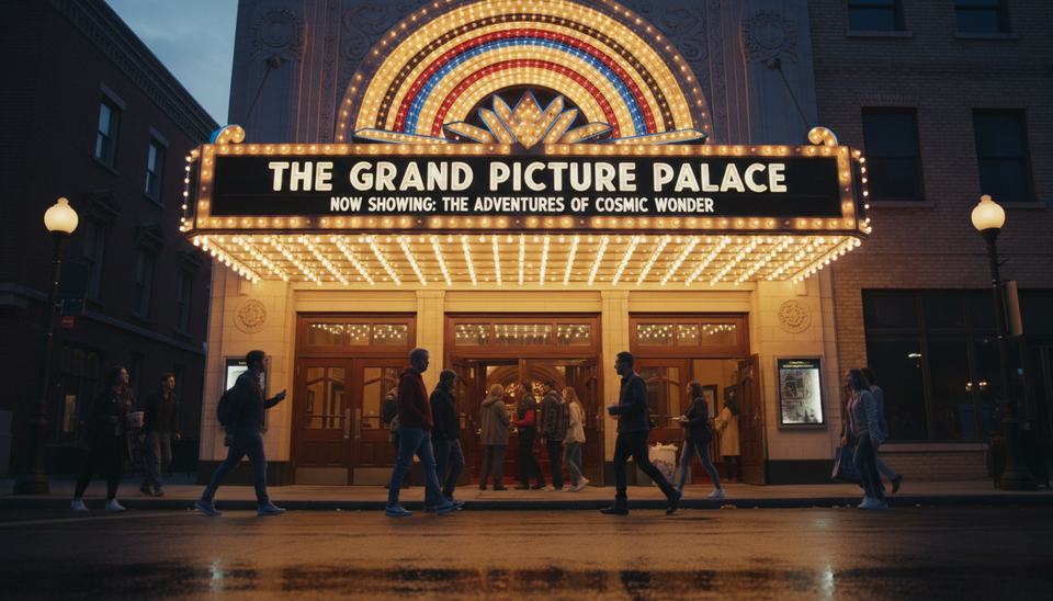 Low-angle view of a grand cinema entrance with bright lights before an evening screening.