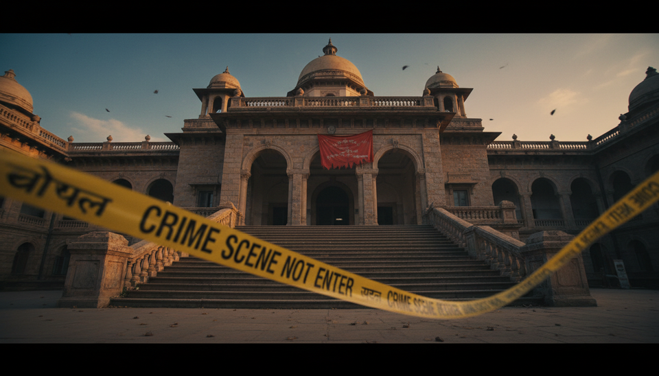 Low-angle view of a courthouse staircase at dusk with police tape fluttering in the foreground
