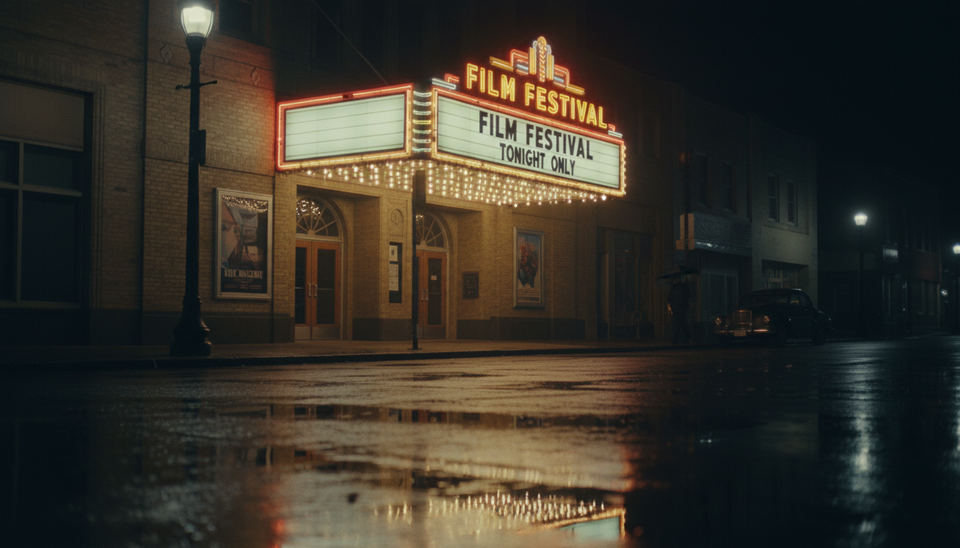 Wide-angle view of a glowing festival cinema marquee at night.