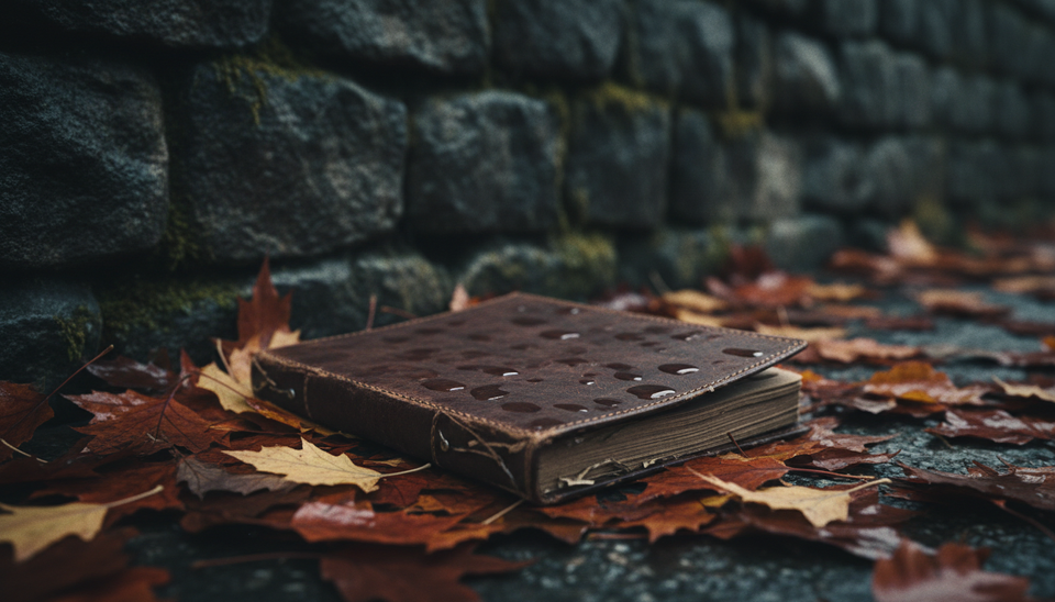 Close-up view of a worn leather-bound notebook on autumn leaves.