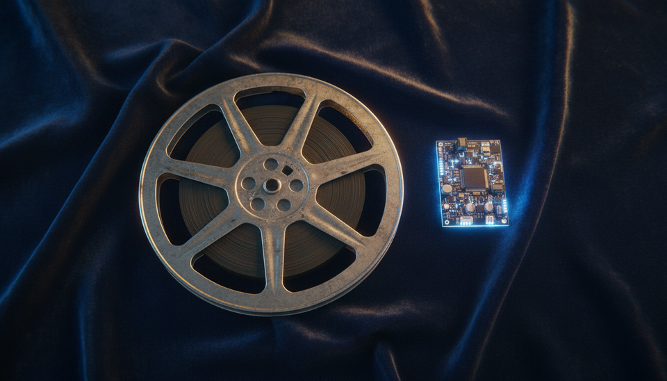Overhead view of a metal film reel beside a glowing circuit board.