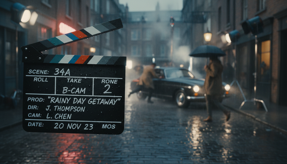 Close-up view of a film clapperboard held above a rain-soaked street scene