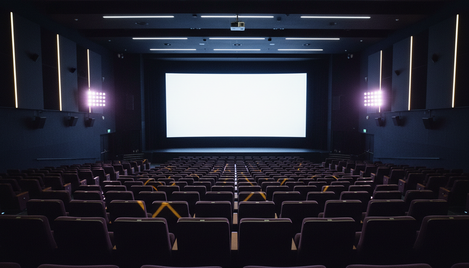 Wide-angle view of a large cinema auditorium waiting for a music documentary screening.