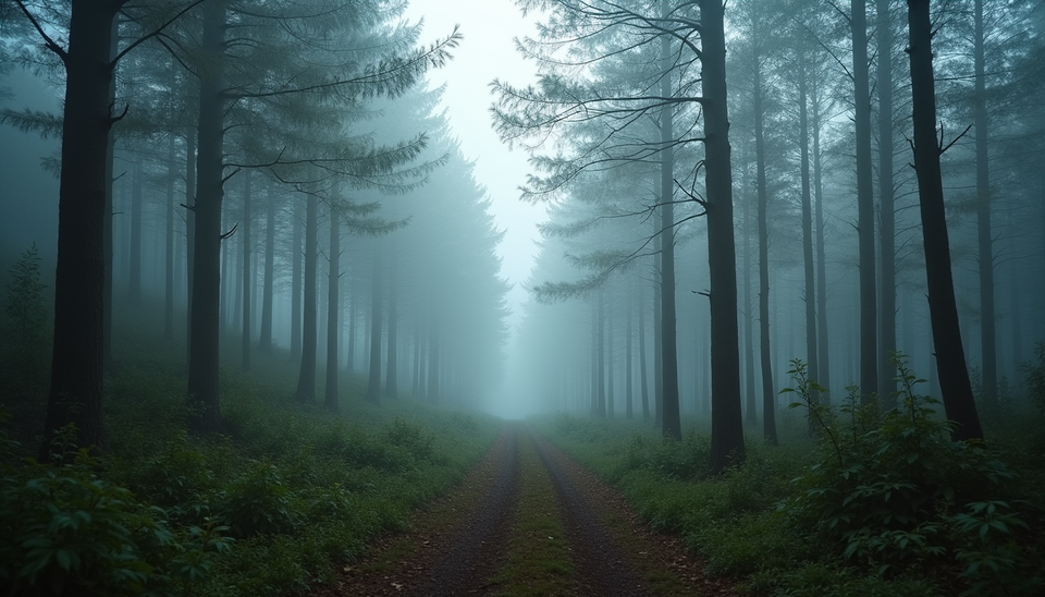 Eye-level view of a dense forest landscape with mist