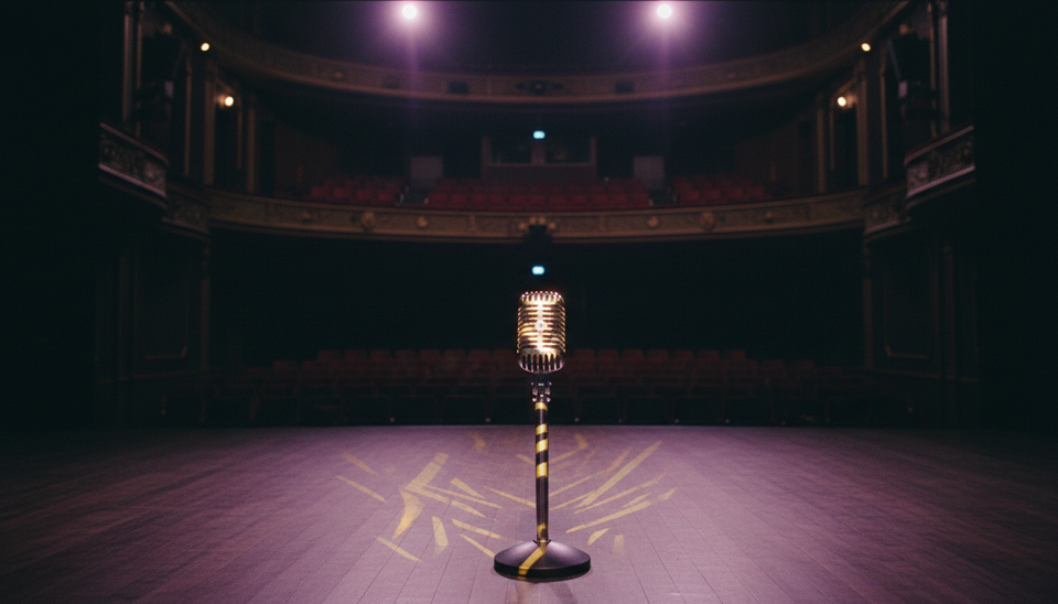 Low-angle view of a microphone on a stage before a music documentary premiere.