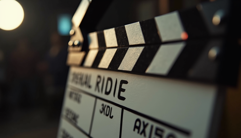 Close-up view of a film clapperboard on a Bollywood movie set