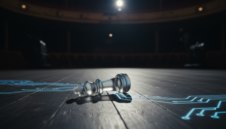 Close-up view of a glass chess king on a dark stage floor.