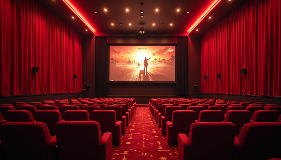 Eye-level view of a cinema hall with a large Bollywood movie poster