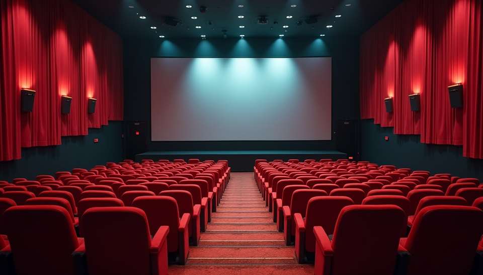 Eye-level view of a large cinema hall with a Bollywood movie poster displayed