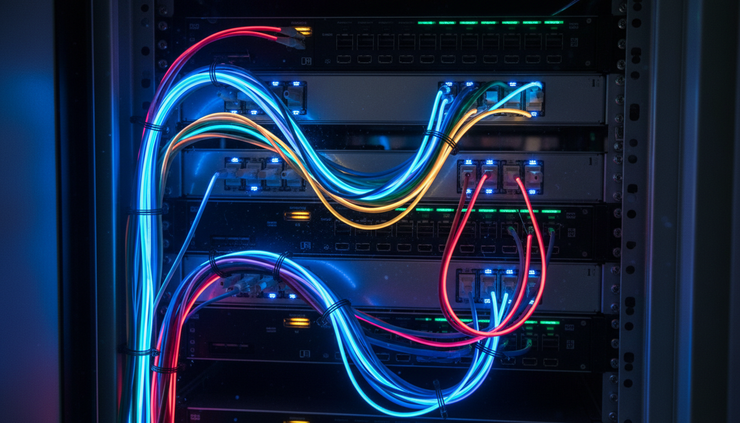 Close-up view of fiber optic cables glowing inside a server cabinet