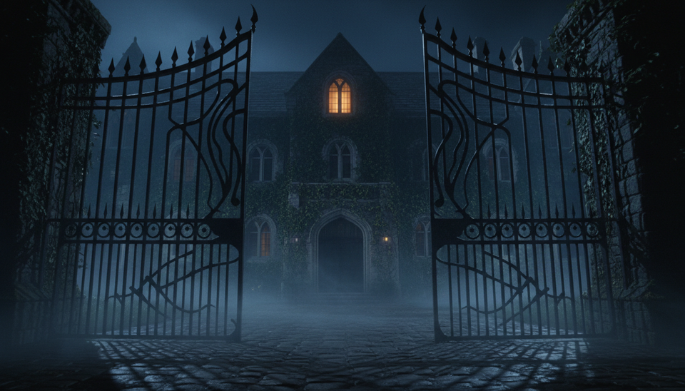 Low-angle view of iron gates outside an old stone school building at night.