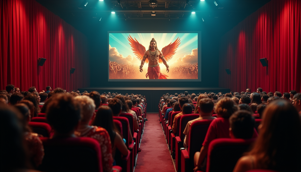 Eye-level view of a crowded cinema hall showing Hanuman Ansh movie poster