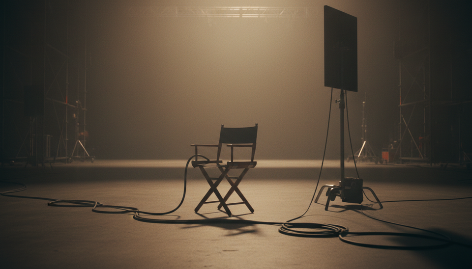 Eye-level view of an empty director’s chair on a dim soundstage.