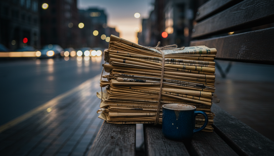 Eye-level view of a vintage newspaper stack beside a half-empty coffee cup.