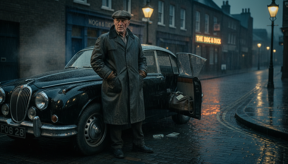 Eye-level view of an older tough character standing beside a getaway car in the rain