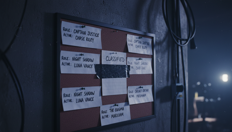 Close-up view of a handwritten casting board with one name covered by black tape.