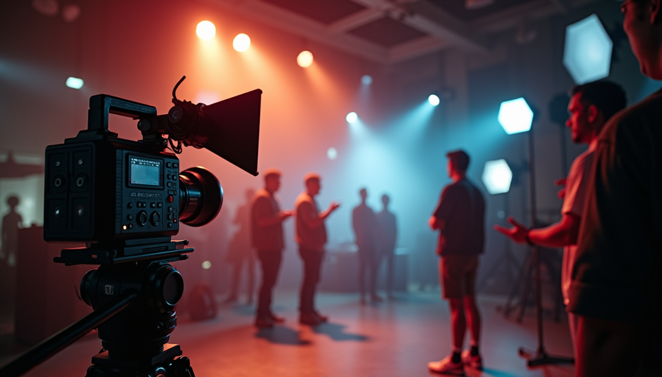 Eye-level view of a film set with a camera and lighting equipment