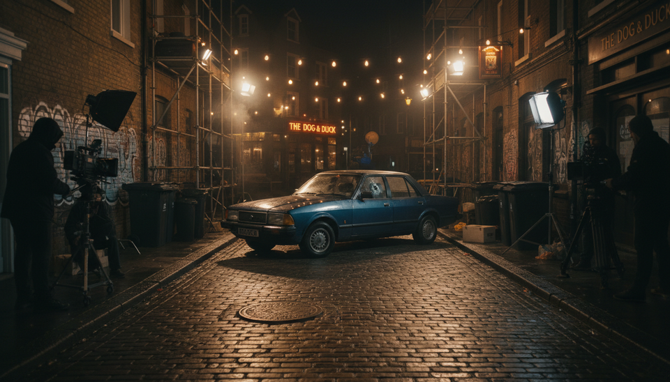 Wide-angle view of a gritty nighttime street prepared for an action-comedy scene