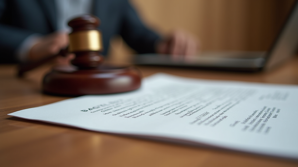 Close-up view of a legal brief and gavel on a wooden table