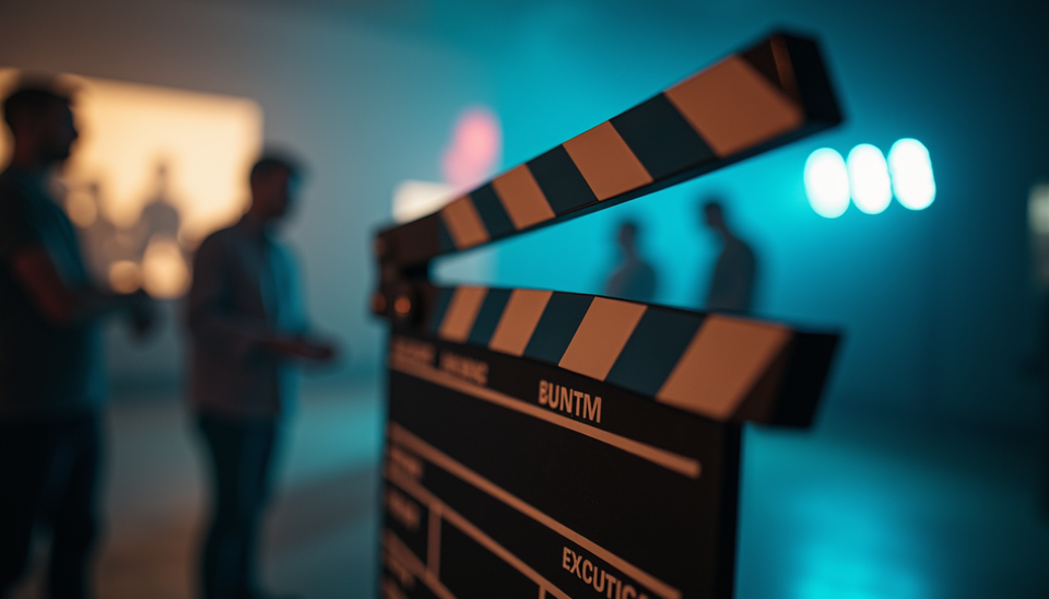 Close-up view of a movie clapperboard on a film set