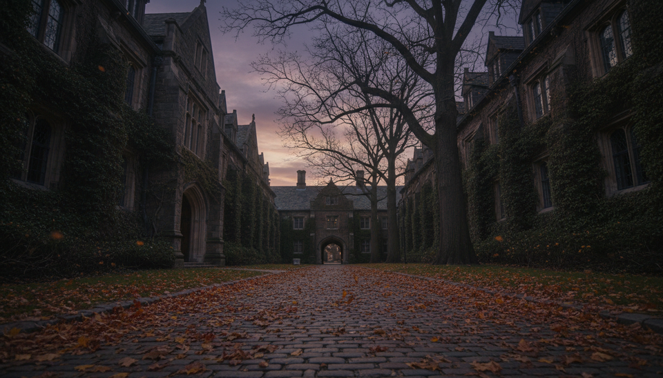 Wide-angle view of an ivy-covered campus path at dusk.