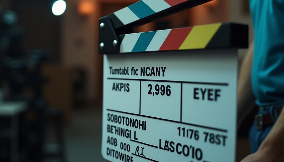 Close-up view of a film clapperboard on a set