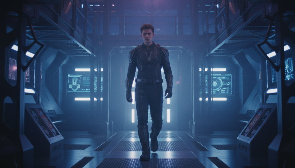 Eye-level view of a young performer walking through a large sci-fi set filled with dim practical lights.
