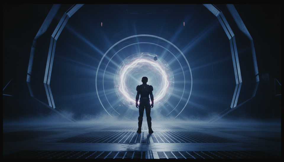 Low-angle view of a lone figure facing a glowing portal inside a dark cinematic set.