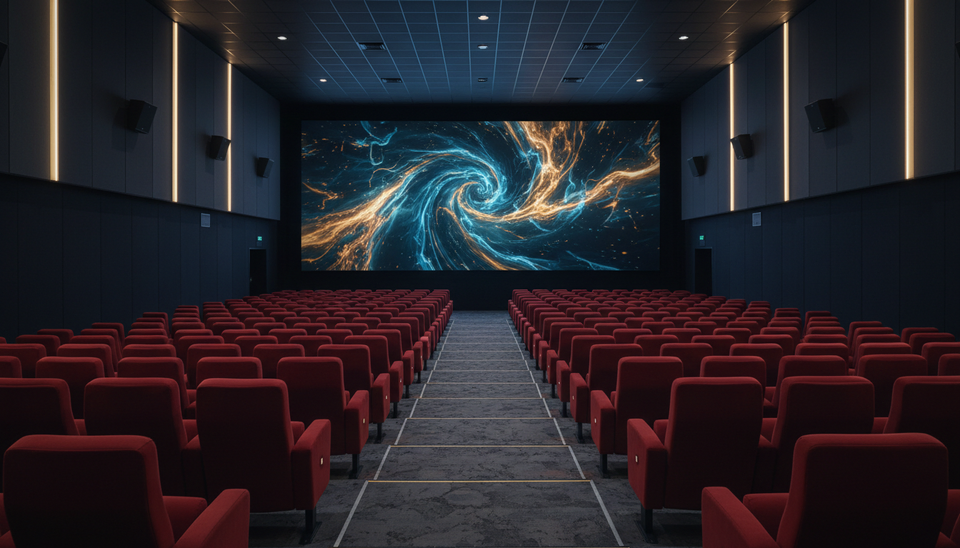 Eye-level view of theater seats facing a giant screen showing abstract cinematic light.