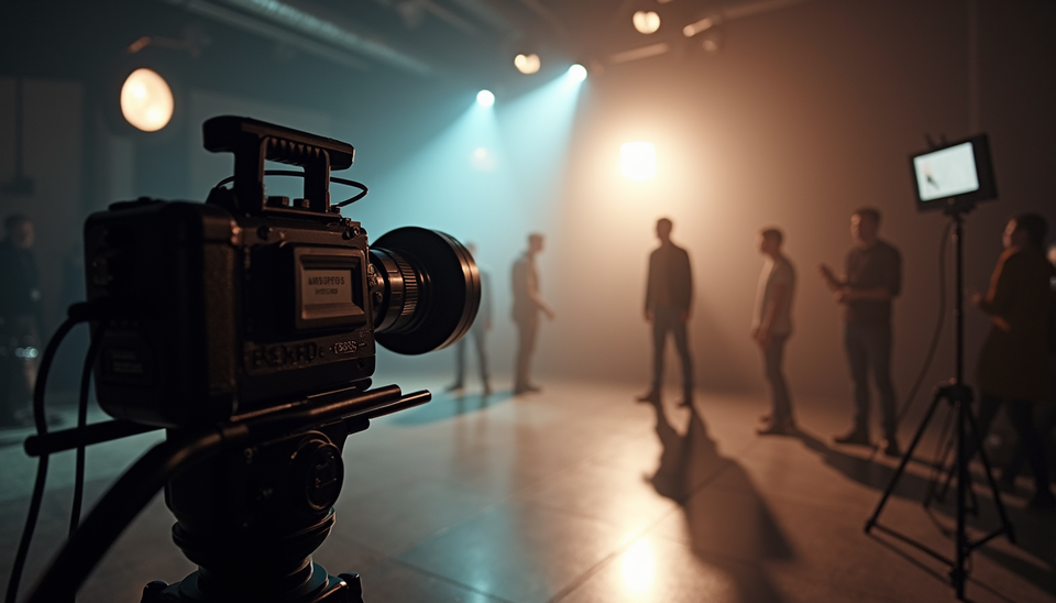 Eye-level view of a film set with camera equipment and lighting