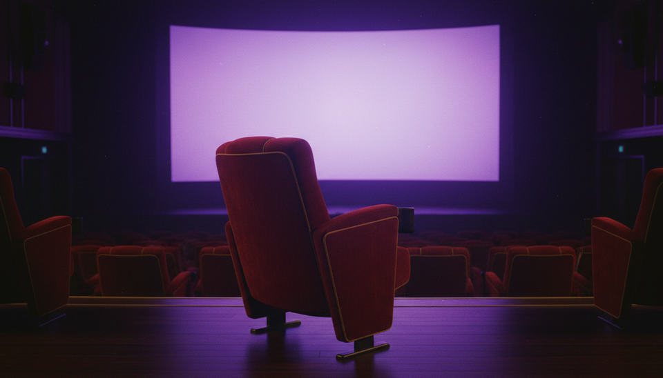 Close-up view of a theater seat beside a glowing cinema screen.