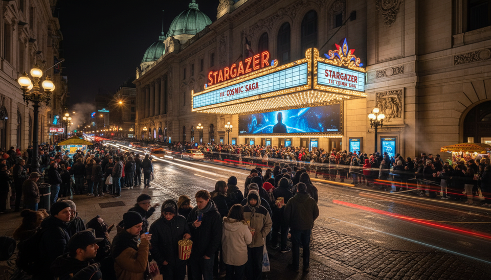 Wide-angle view of a crowded movie theater marquee glowing at night.