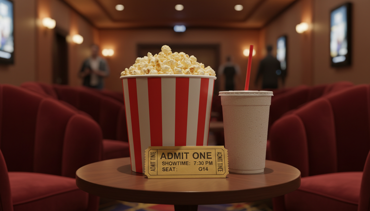Close-up view of a cinema ticket resting beside a tub of popcorn.