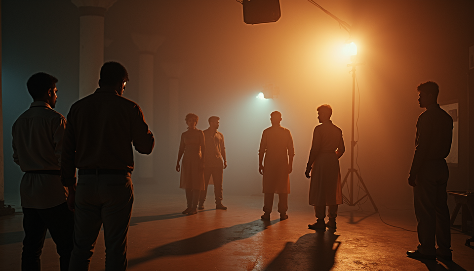 Eye-level view of a film set with Bollywood actors preparing for a scene