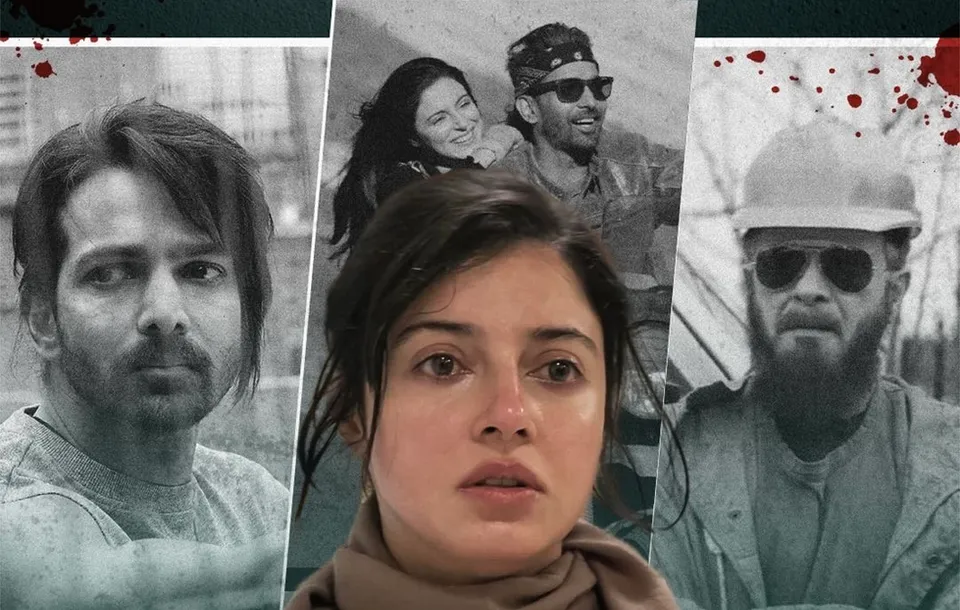 Collage of Savi film images, with a woman in the center, two men at the sides and a smaller smiling pair above.