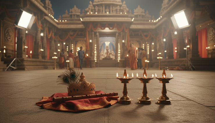 Wide-angle view of a devotional film set with a flute and peacock feather crown placed near temple lamps