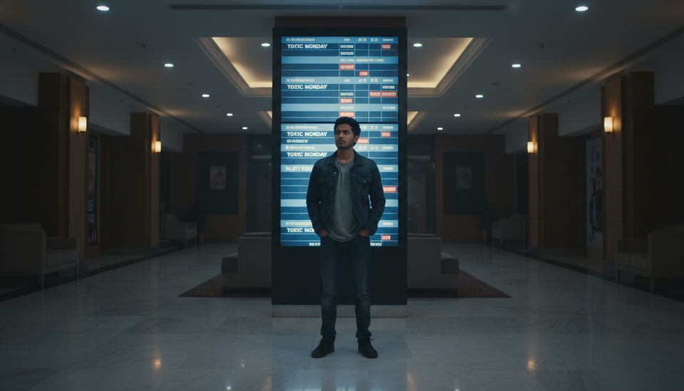 Eye-level view of a single moviegoer looking at a cinema showtime board on a weekday.
