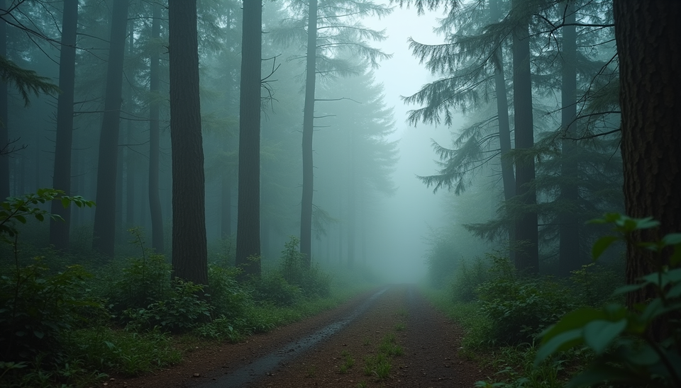 Eye-level view of a dense forest setting with mist