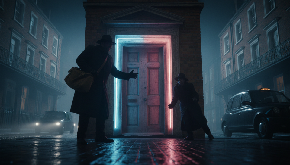 Low-angle view of two shadowy figures approaching a doorway lit by neon