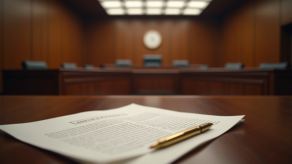 Eye-level view of courtroom with judge's bench and legal documents