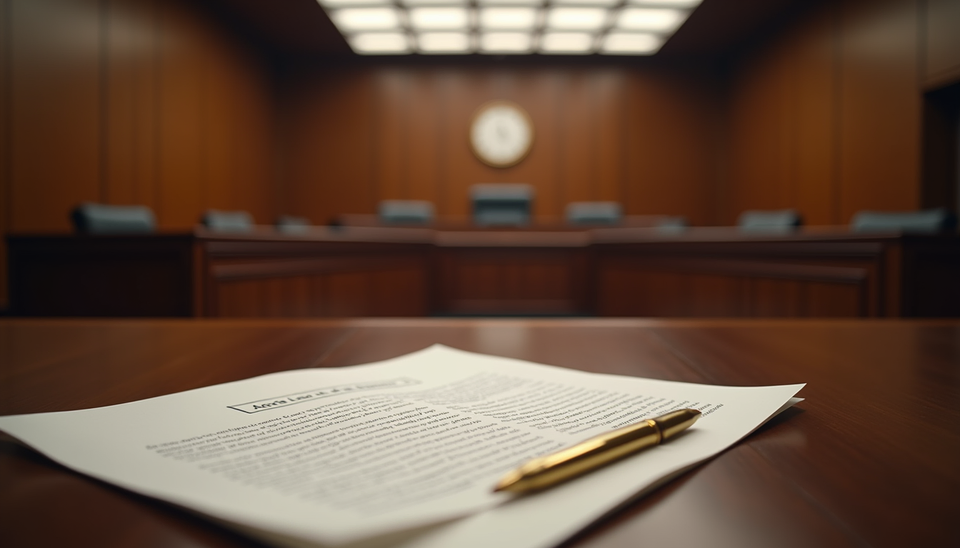Eye-level view of courtroom with judge's bench and legal documents