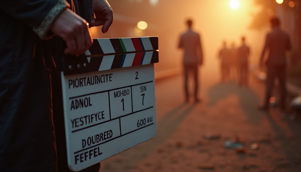 Close-up view of a film clapperboard on a Bollywood movie set
