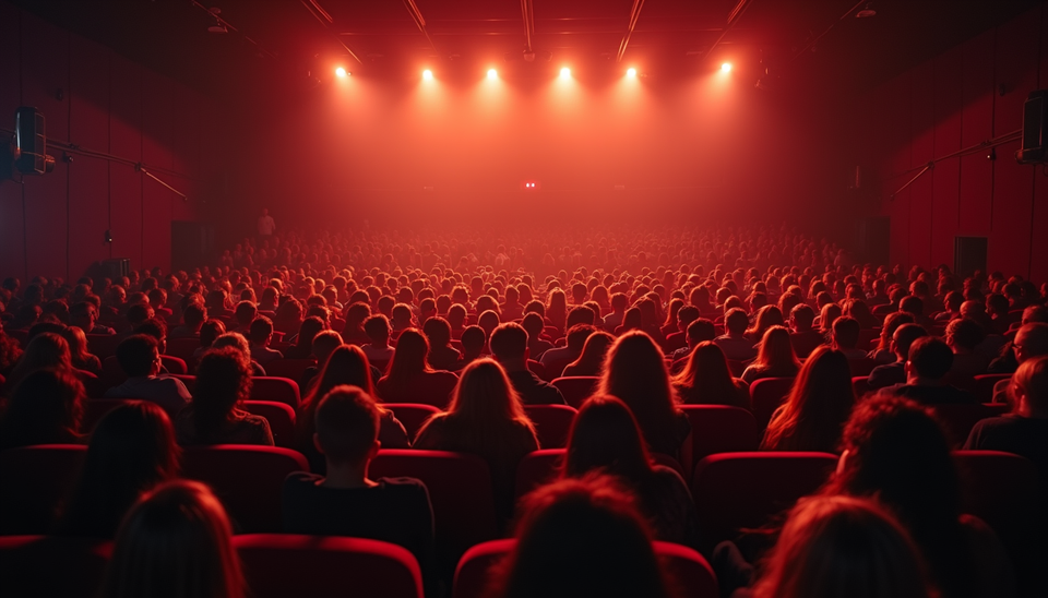 Wide angle view of a crowded movie theater during Pushpa 2 screening